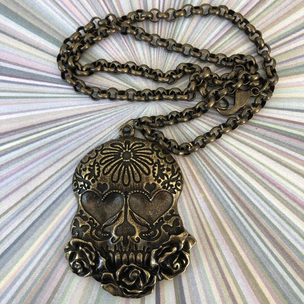 Antique Brass Sugar Skull necklace